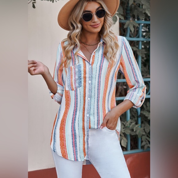Striped Patchwork Button Down Blouse